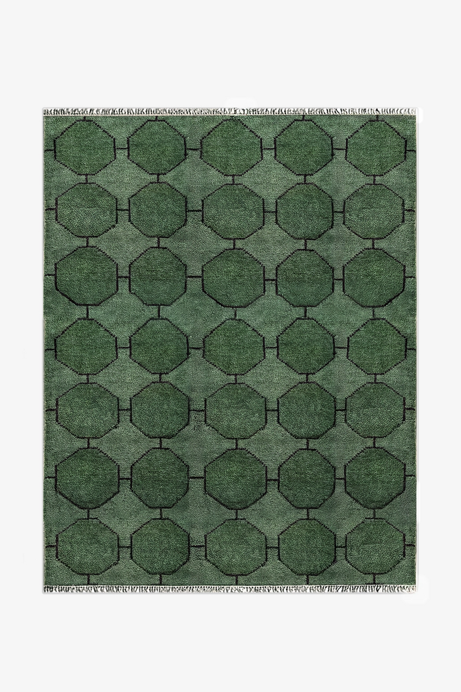 Green geometric patterned rug on a white background