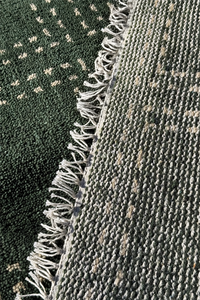 Close-up of knotted runner rugs with fringe, one dark green with small cream motifs and one gray-green with a subtle beige pattern.