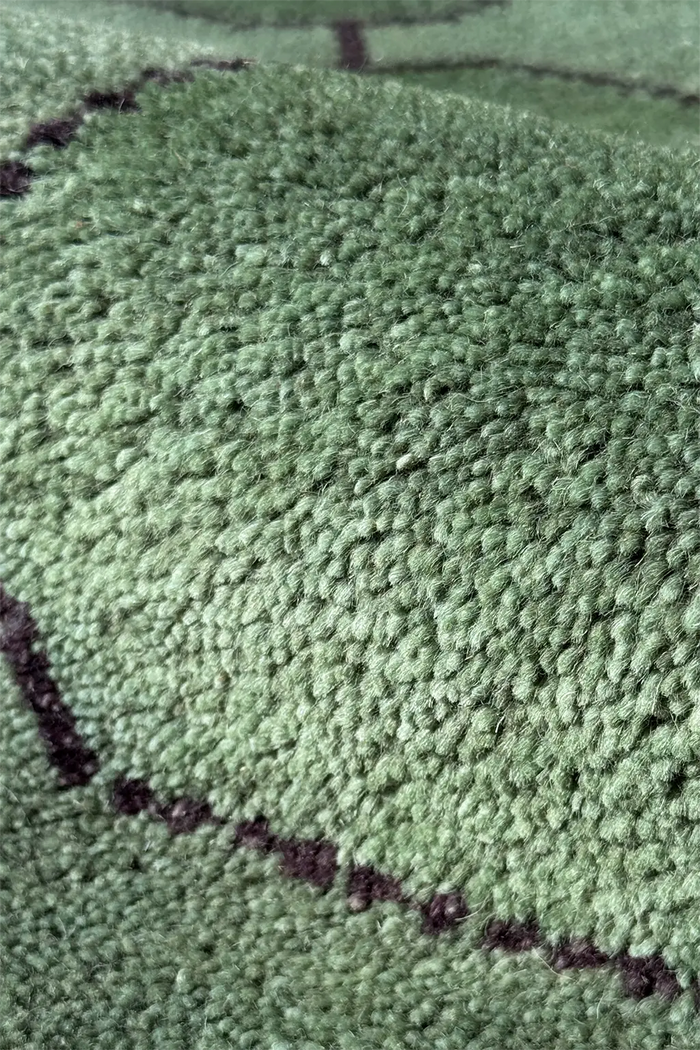 Close-up of a textured green runner rug with black accents