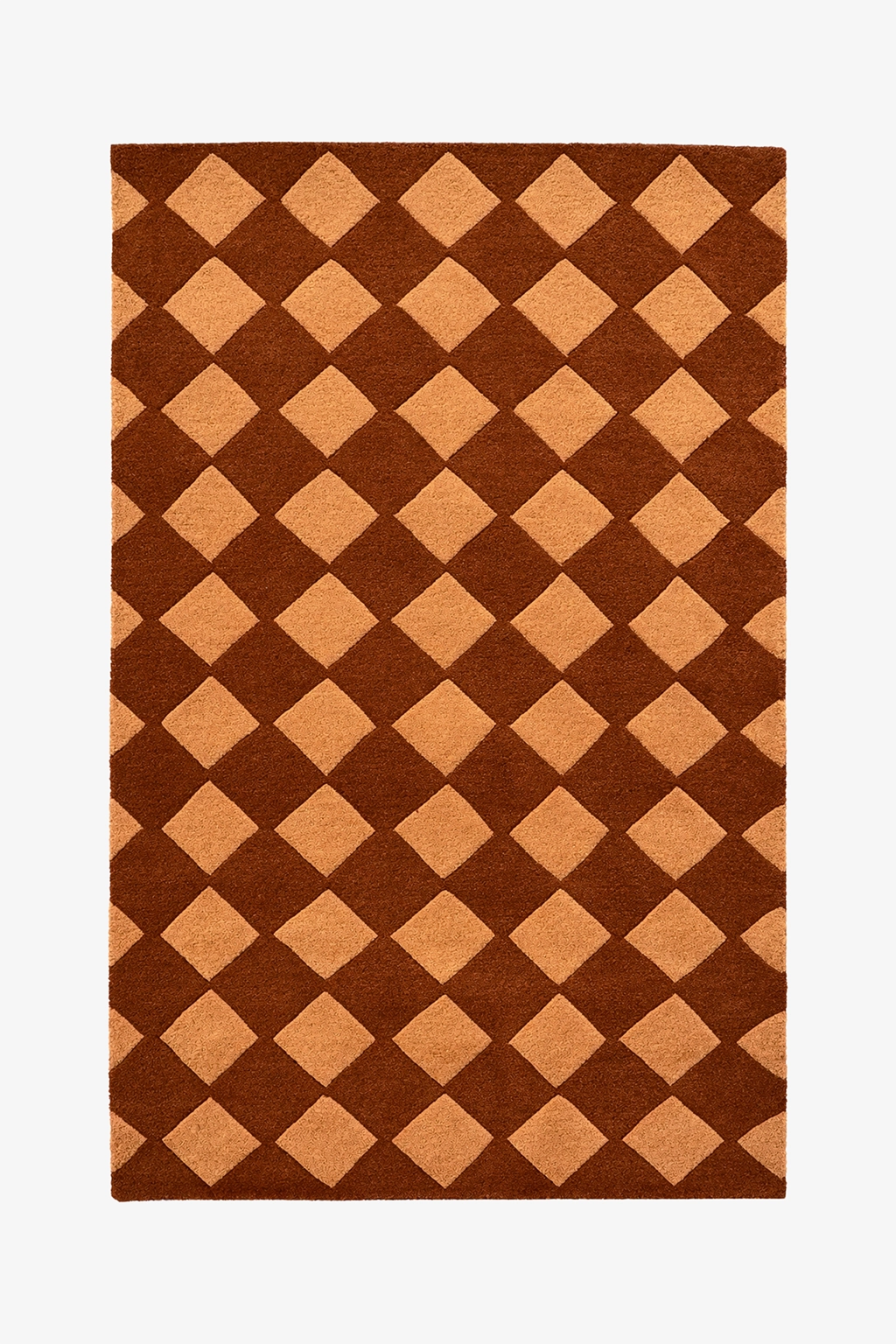 Rug with brown and orange diamond checkered pattern on a white background