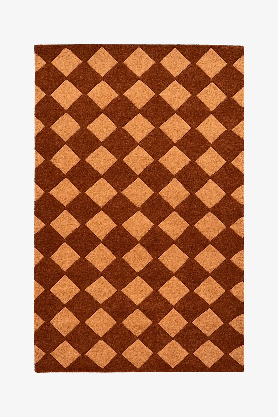 Rug with brown and orange diamond checkered pattern on a white background