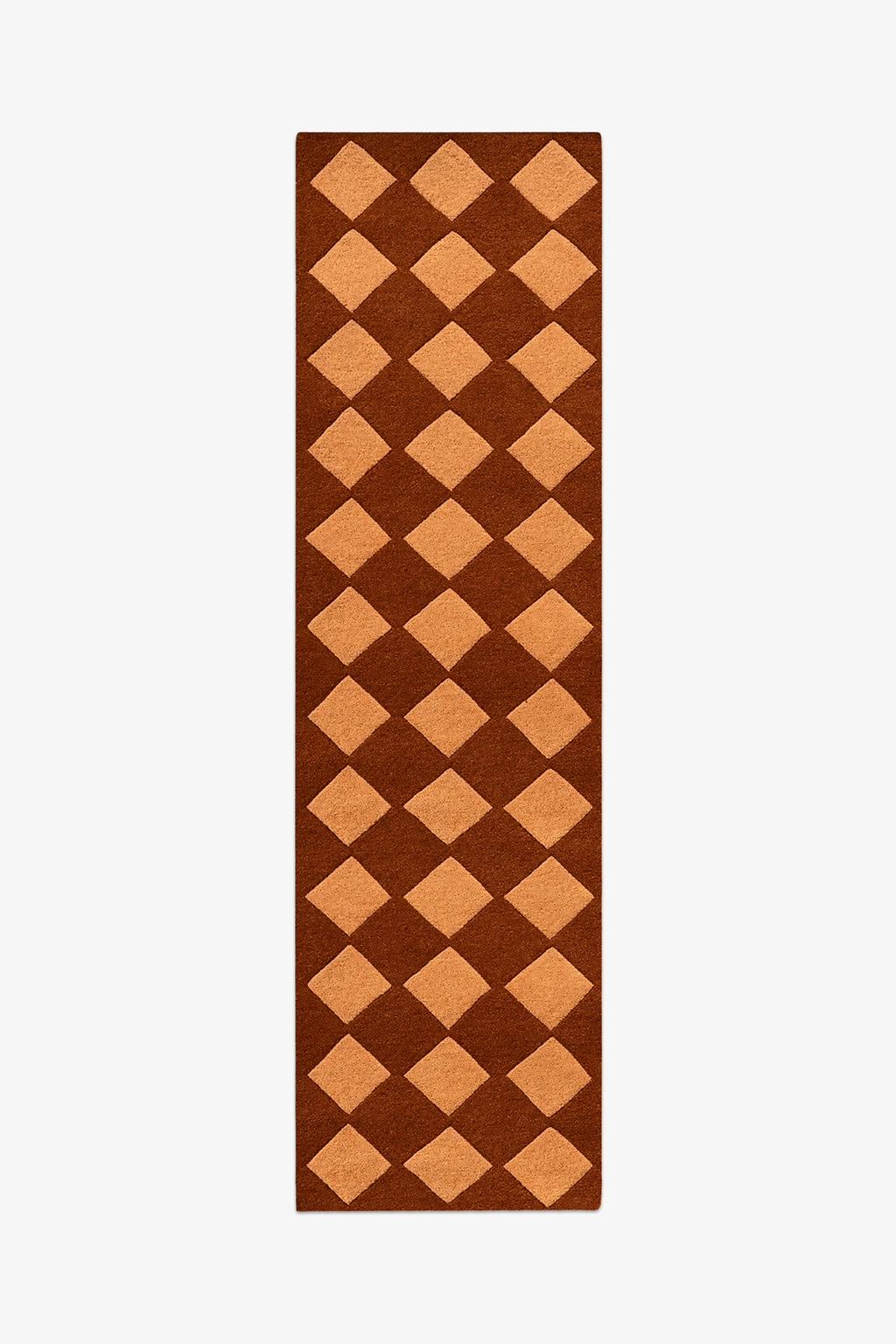 brown runner rug with geometric diamond pattern hand-tufted in wool on a white background