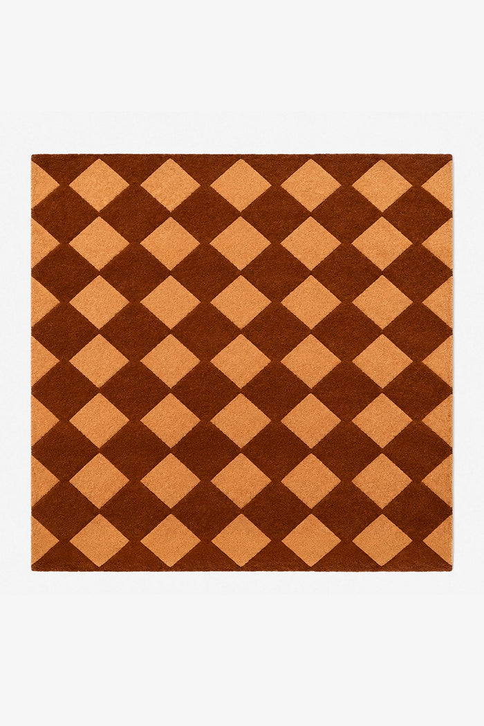 brown square wool rug with gold diamond pattern