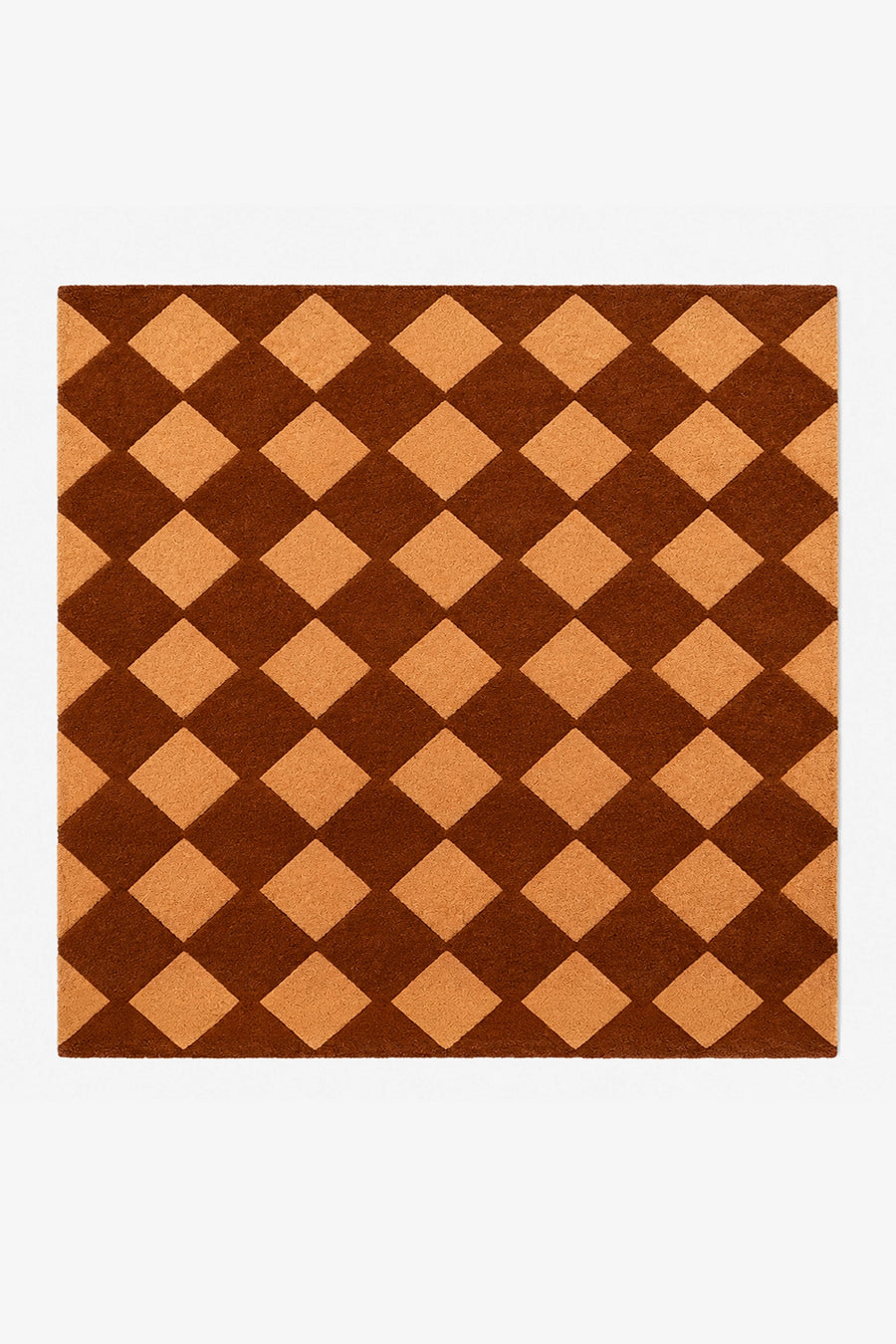 brown square wool rug with gold diamond pattern