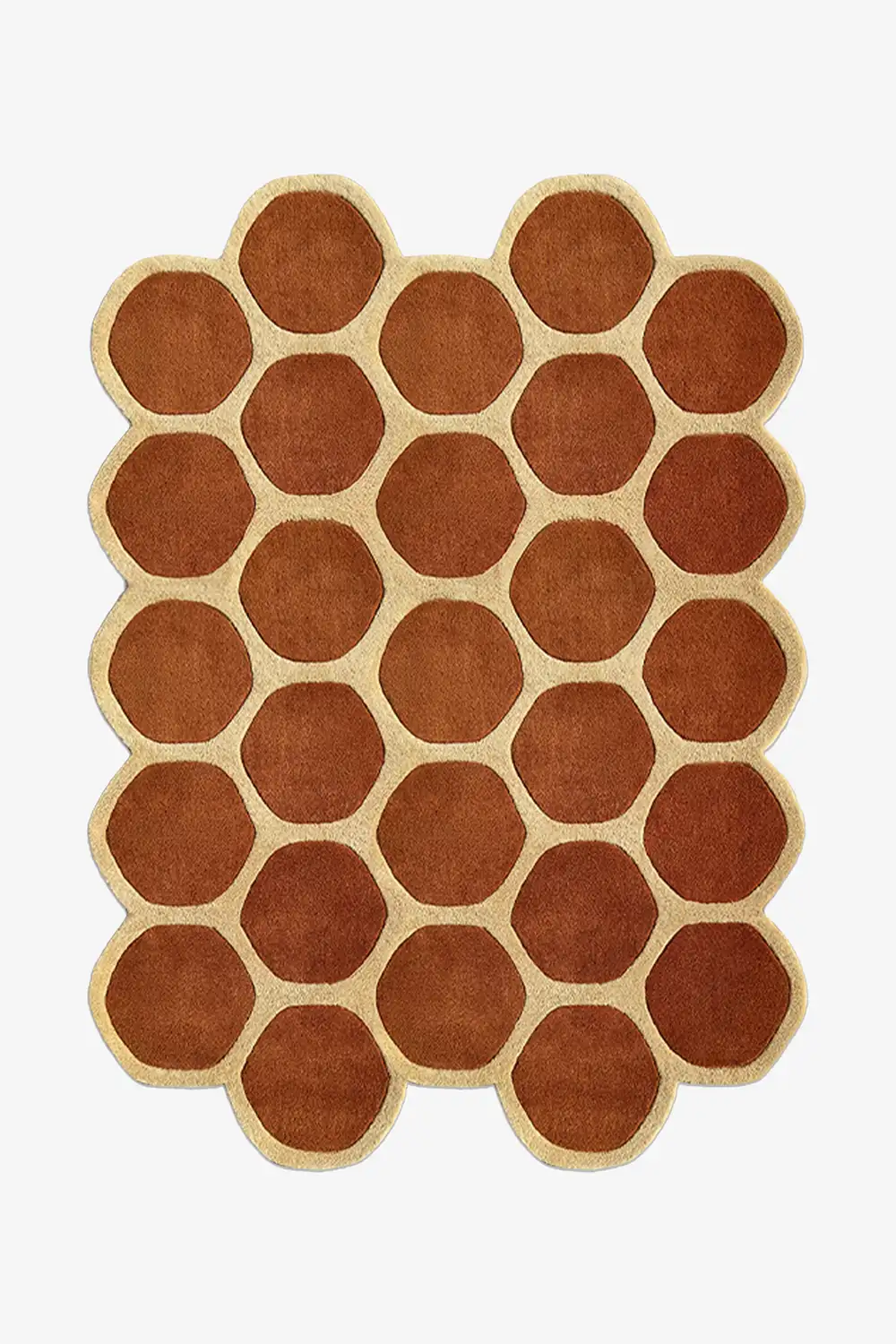 5x7 hexagonal patterned rug with brown and beige colors on a white background