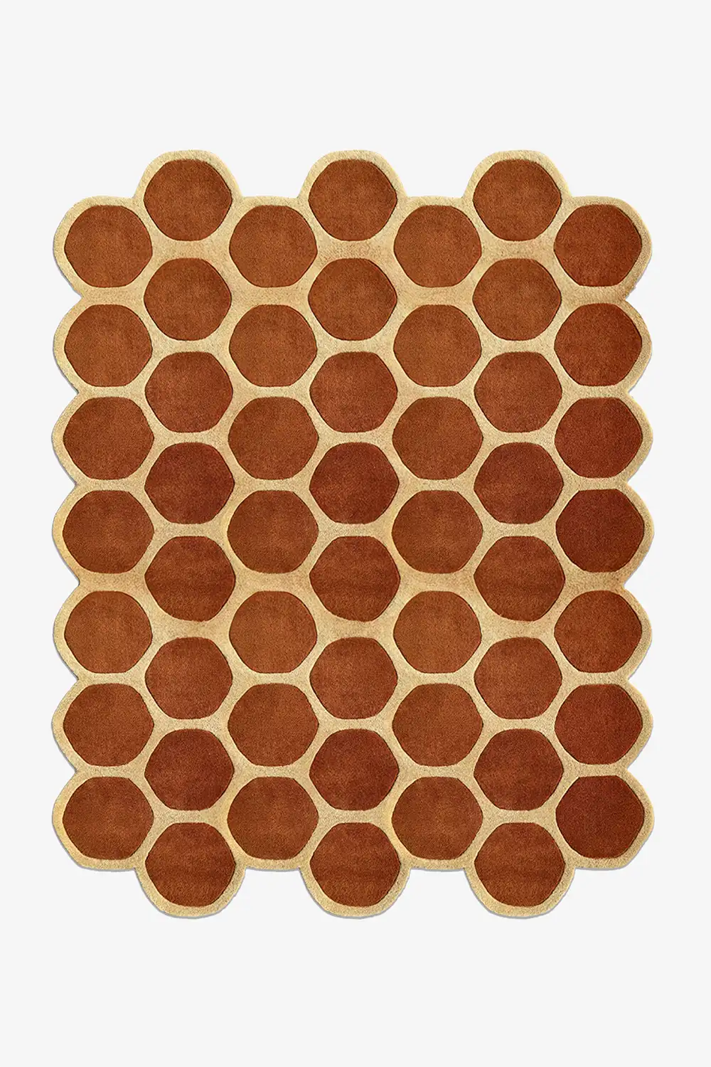 8x10 brown honeycomb pattern rug with unique irregular shape on a white background