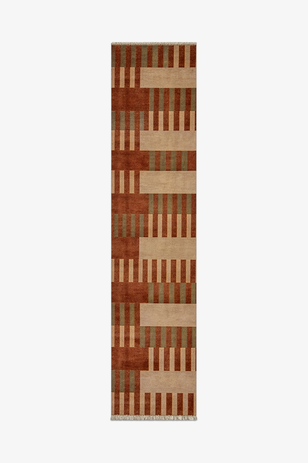 striped runner rug with multicolor geometric pattern in mid-century inspired palette on a white background