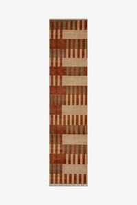 striped runner rug with multicolor geometric pattern in mid-century inspired palette on a white background