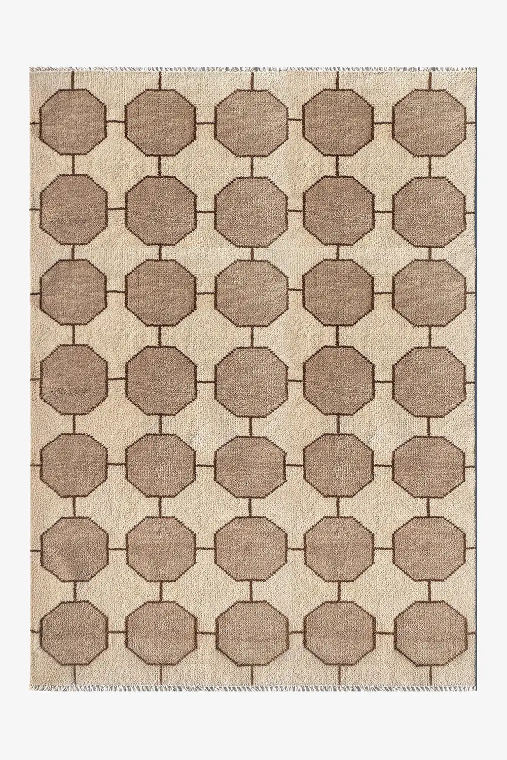 Beige and brown geometric patterned rug on a plain background