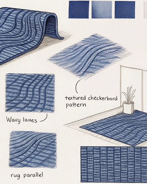 Illustrations of blue textured rugs with different patterns and color swatches.