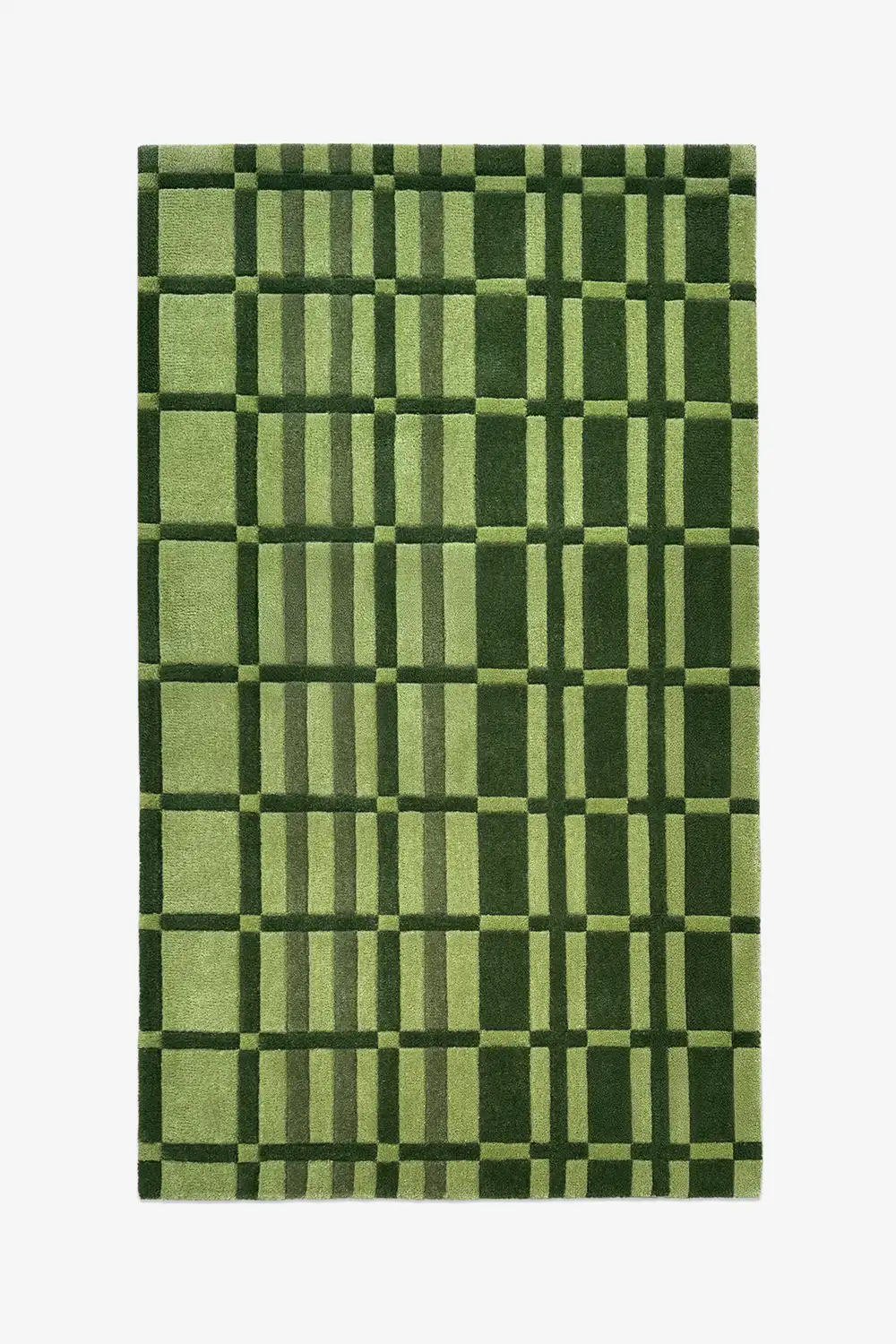 Green checkered wool rug with mid century modern style on a white background