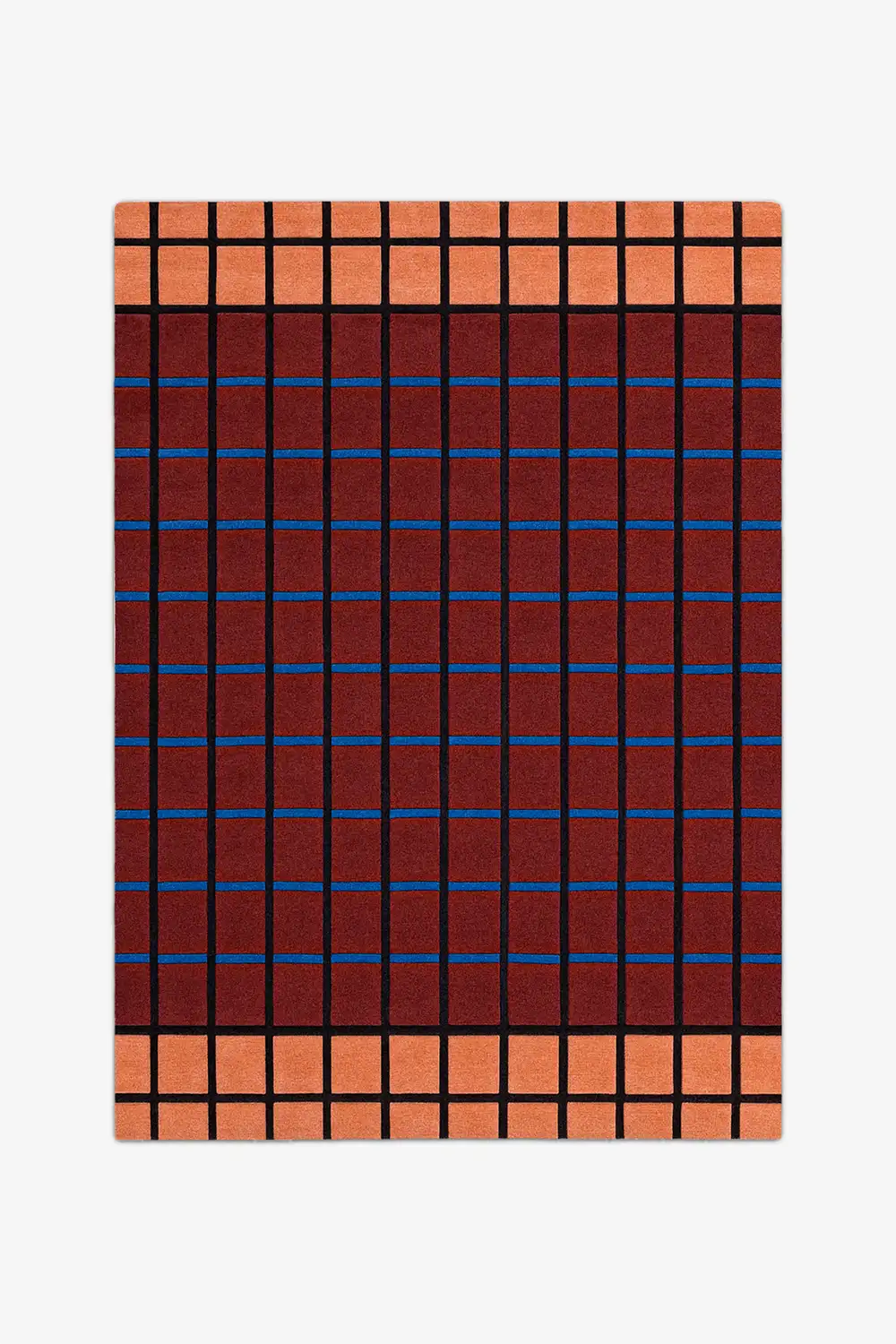 Plaid patterned rug with red, blue, and orange colors on a white background