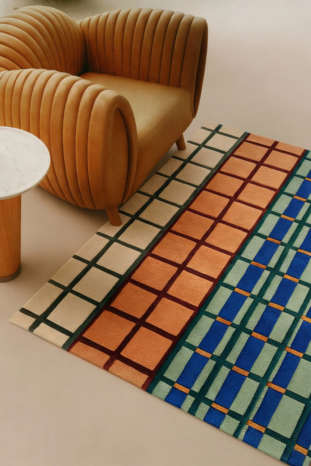 multicolor geometric rug in a modern midcentury living room lifestyle