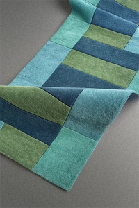 custom length runner rug with blue and green color block pattern