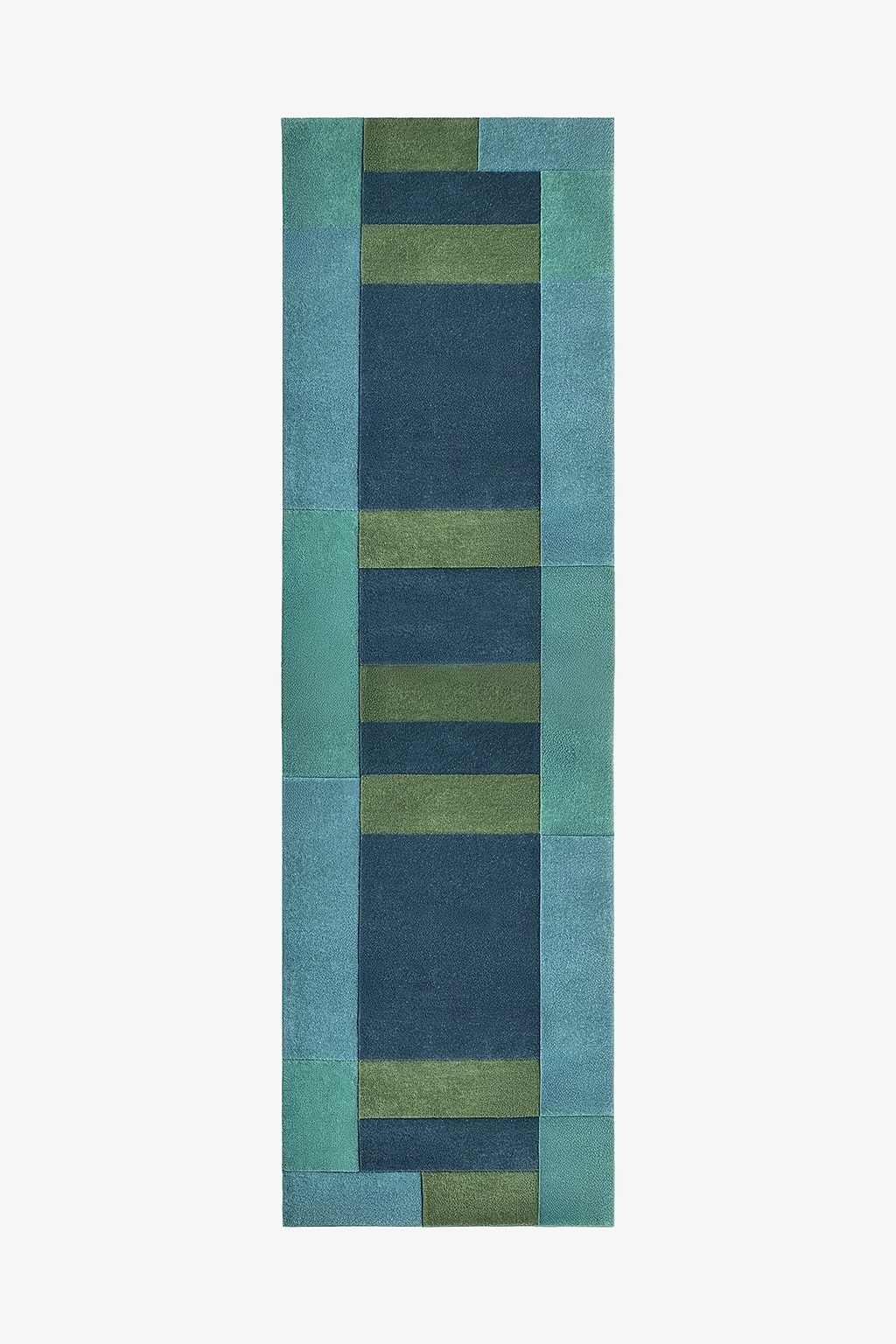 navy runner rug with teal and green block design