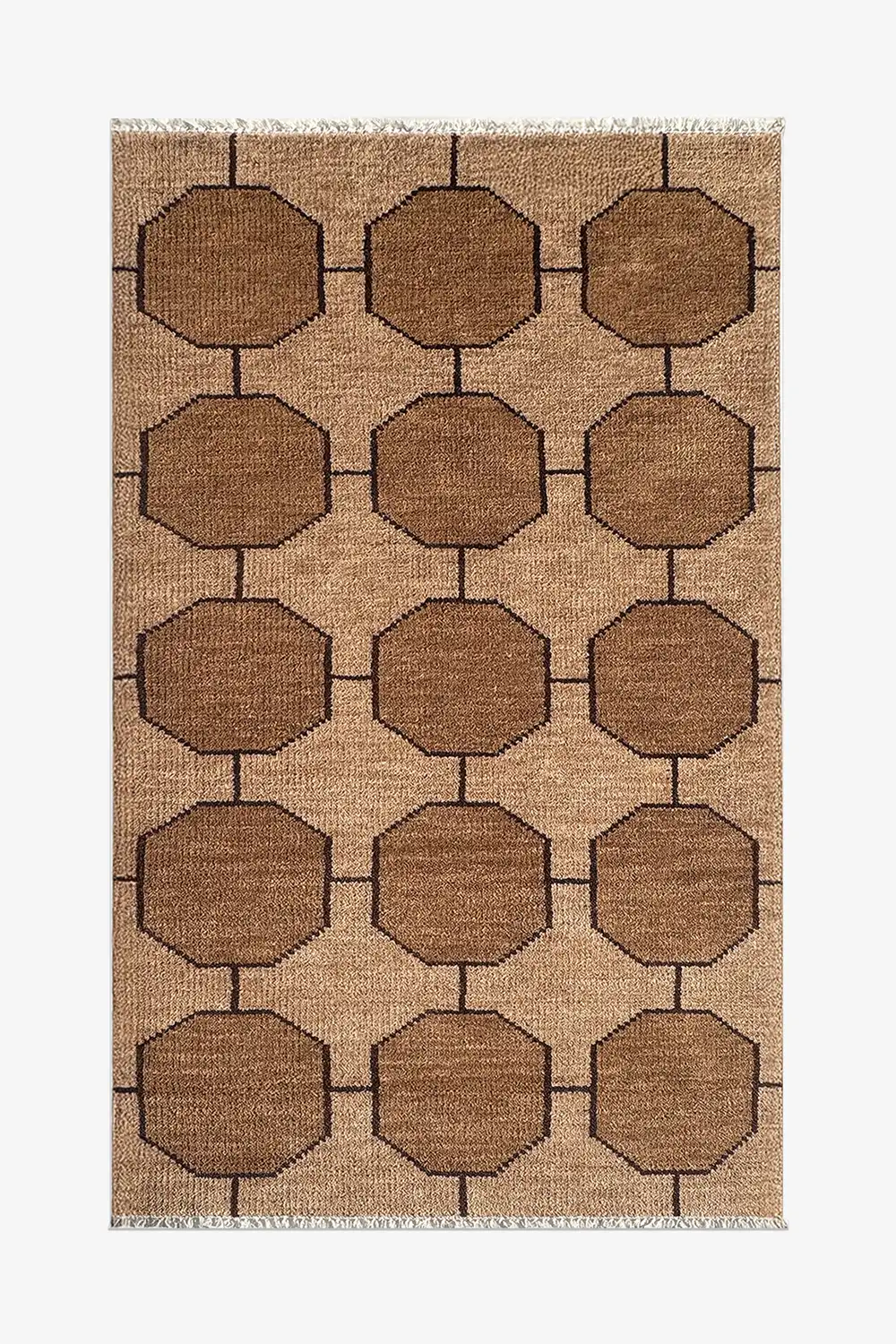Beige taupe wool rug with brown geometric pattern on a white background