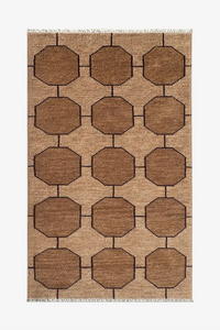 Beige taupe wool rug with brown geometric pattern on a white background | 3x5