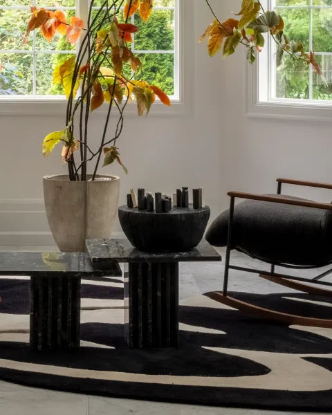 Modern interior with a unique rugs, black marble table, decorative bowl, and potted plant.