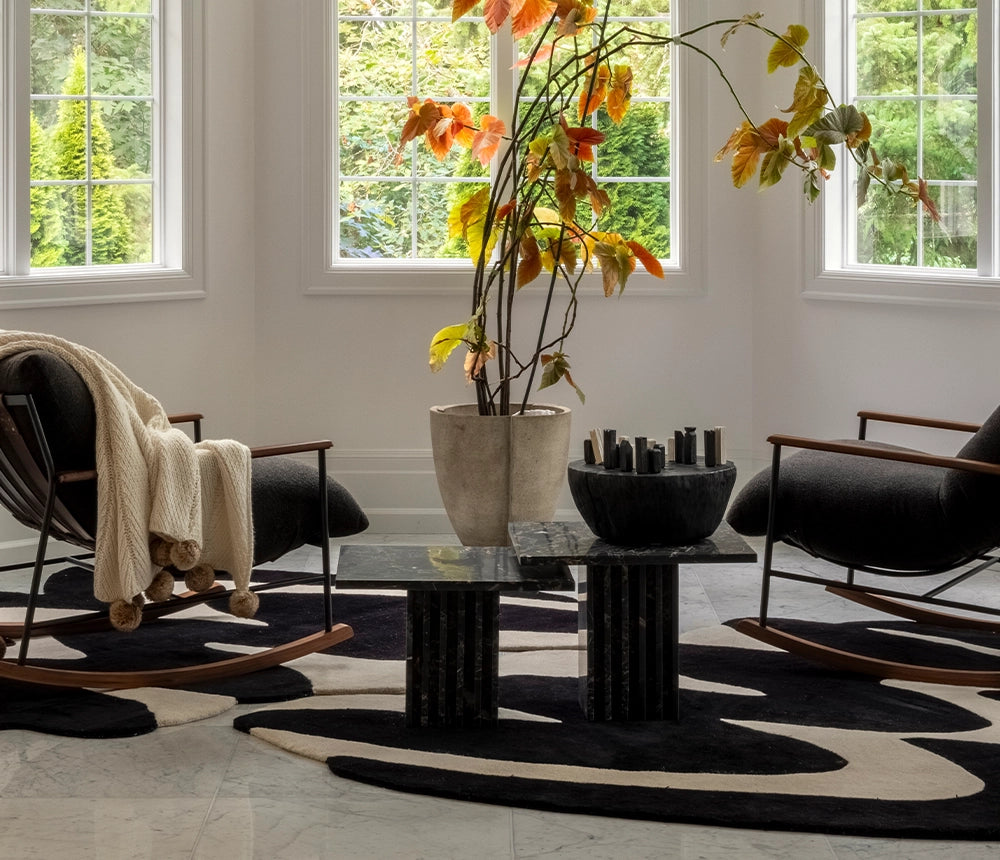 Modern living room with black chairs, black and white rugs, a central table, and a potted plant.