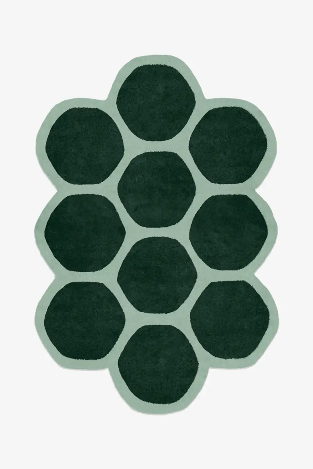 hexagon rug in irregular shape with custom green and sage wool colors
