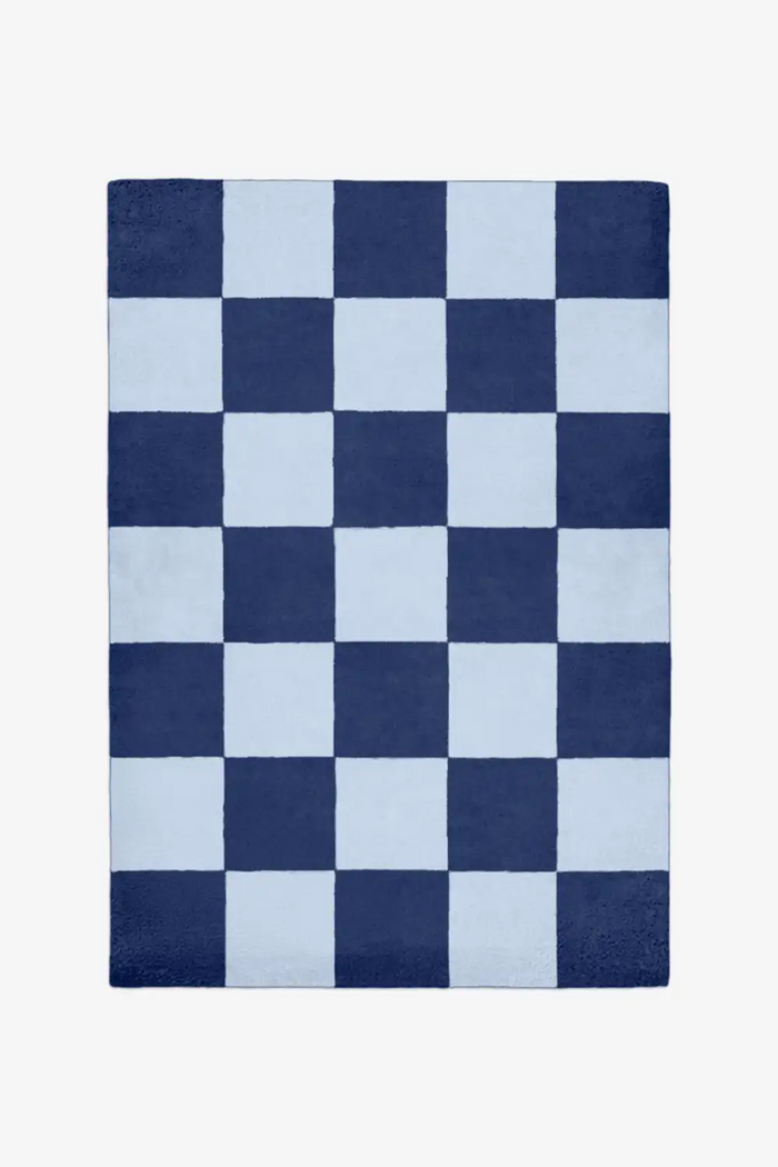 Classic navy blue and cream checkered wool area rug 9x12