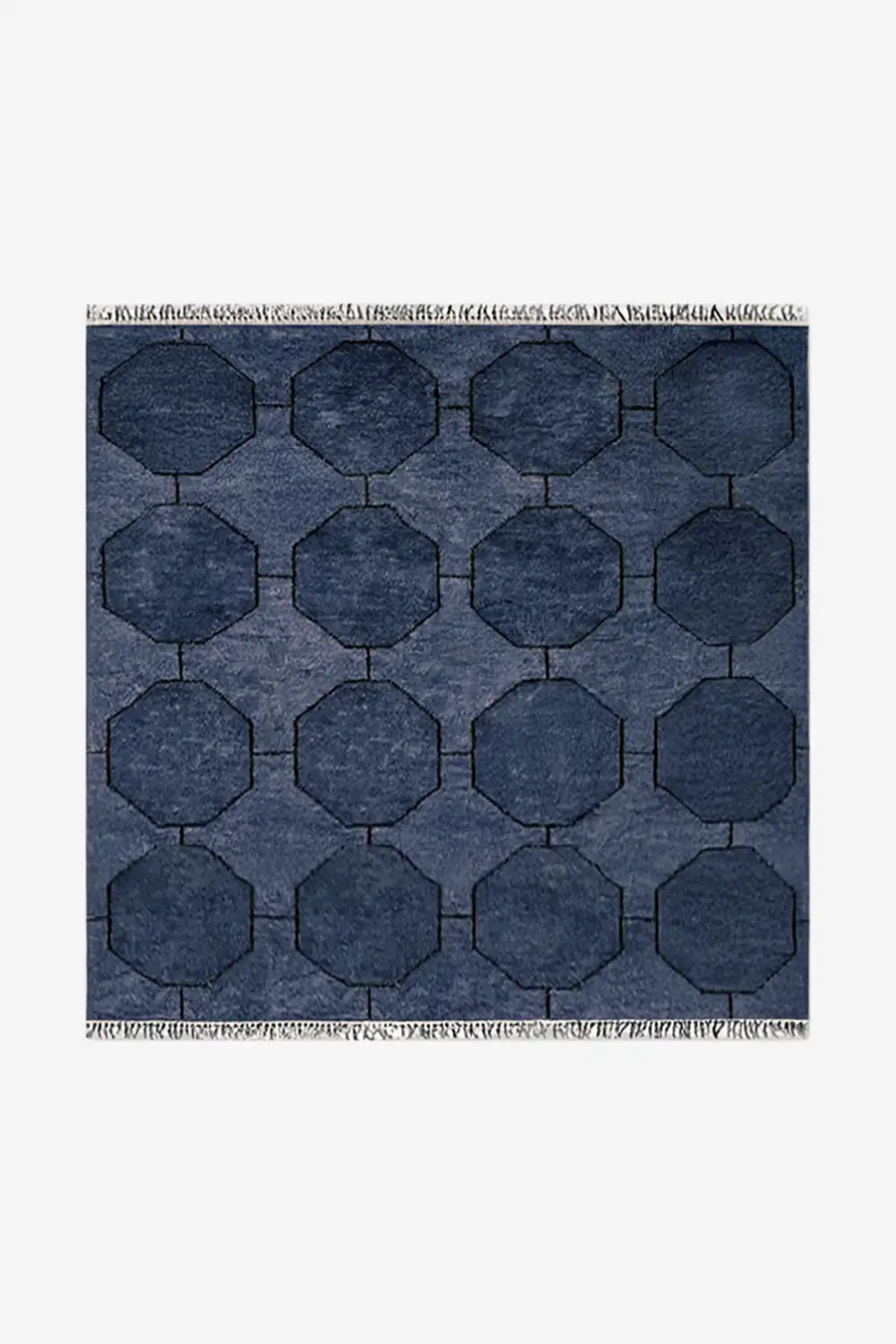 navy blue small square wool rug 4x4 geometric octagon pattern hand-knotted from wool