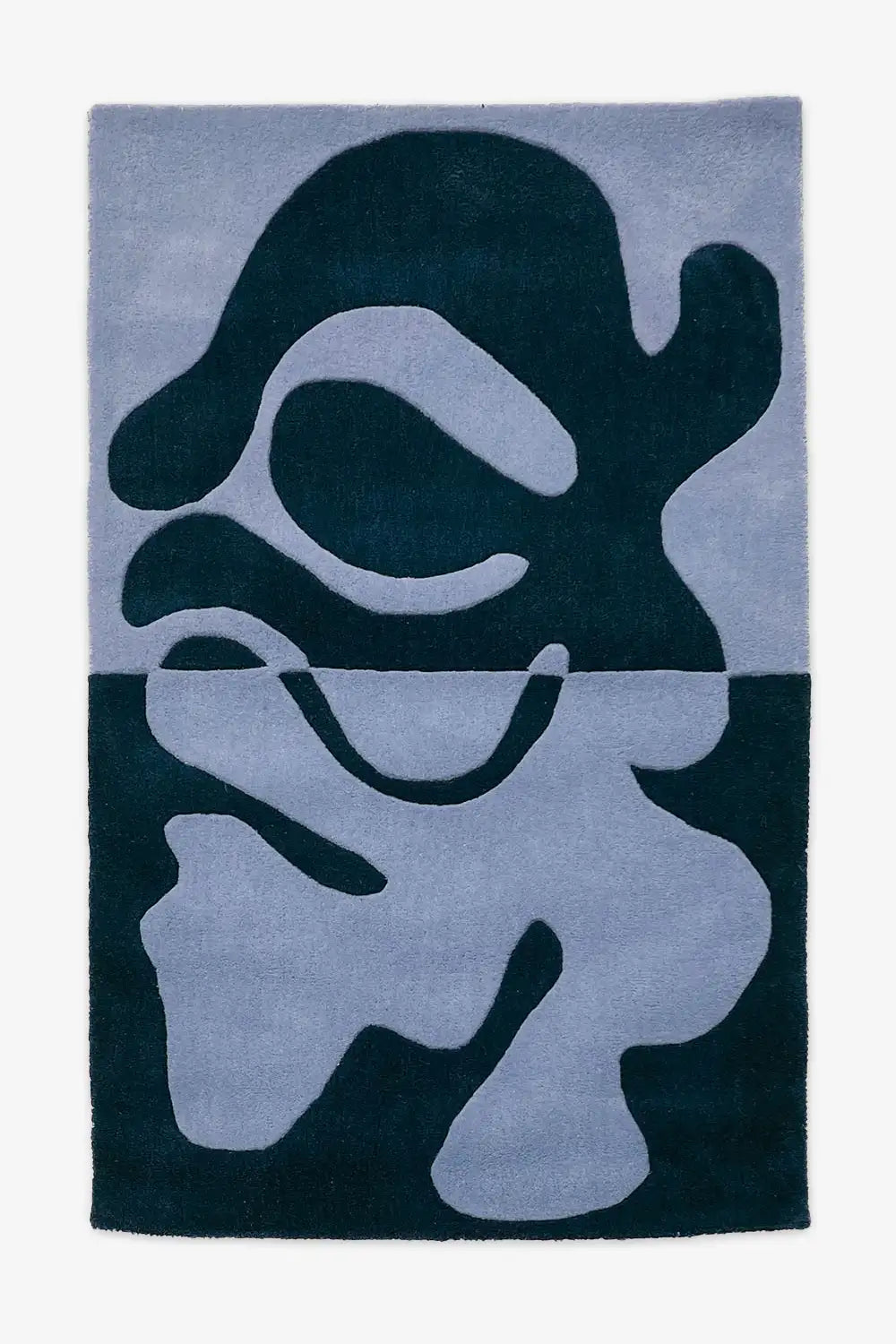 Navy and blue abstract wool rug with flowing fusion pattern