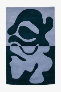 Navy and blue abstract wool rug with flowing fusion pattern