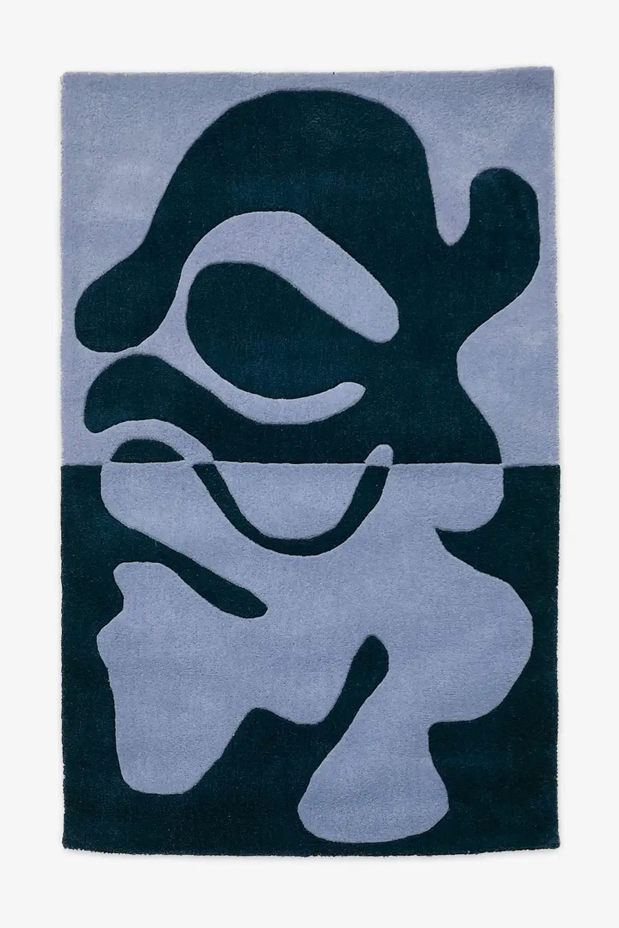 Navy and blue abstract wool rug with flowing fusion pattern