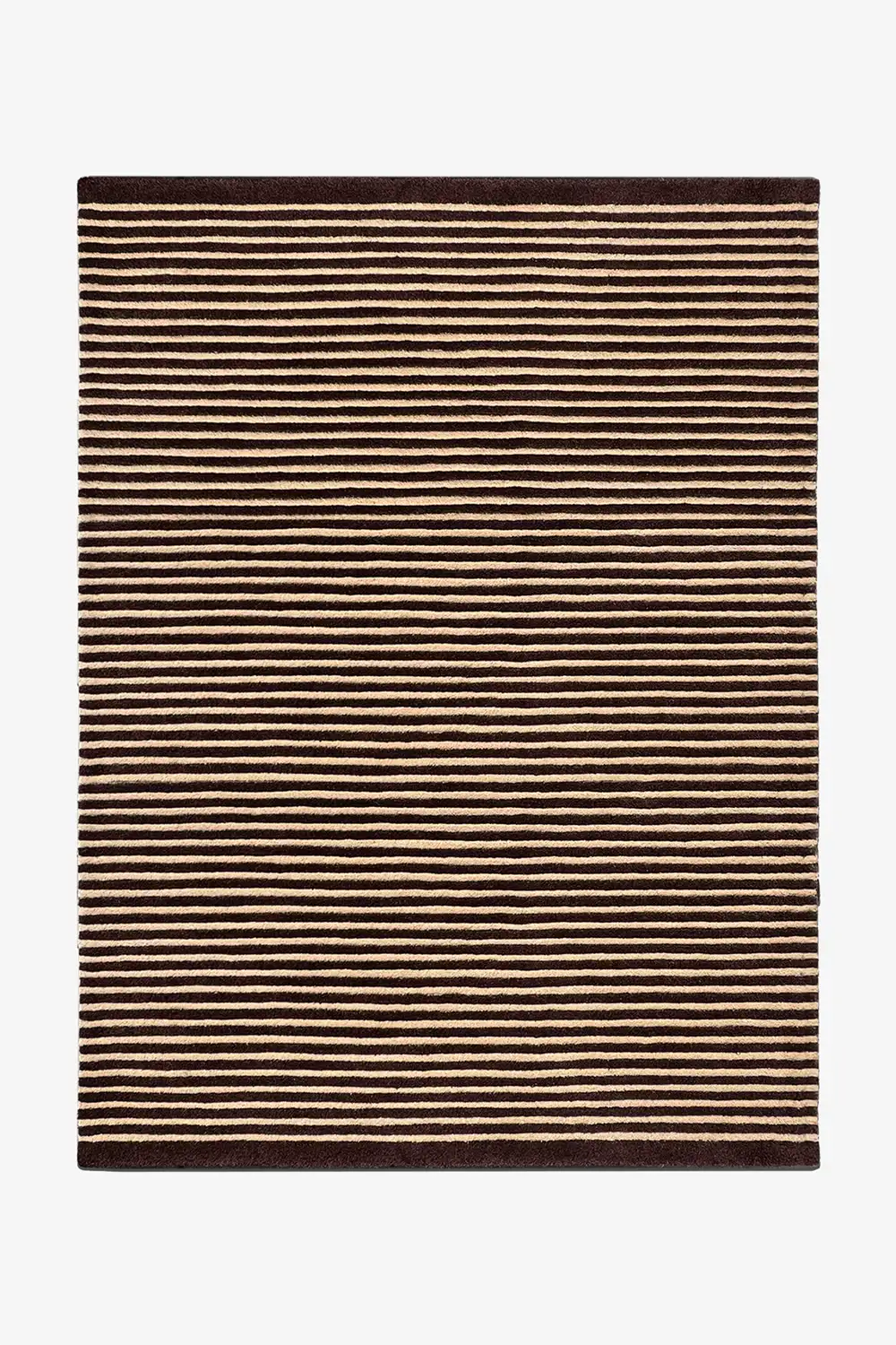 Neutral wool area rug with thin brown and tan stripes in a classic modern pattern