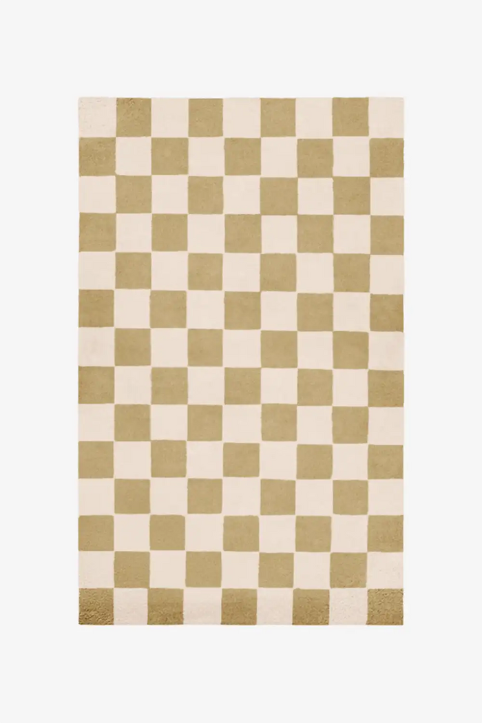 Neutral cream and tan checkered wool rug in a soft minimalist palette