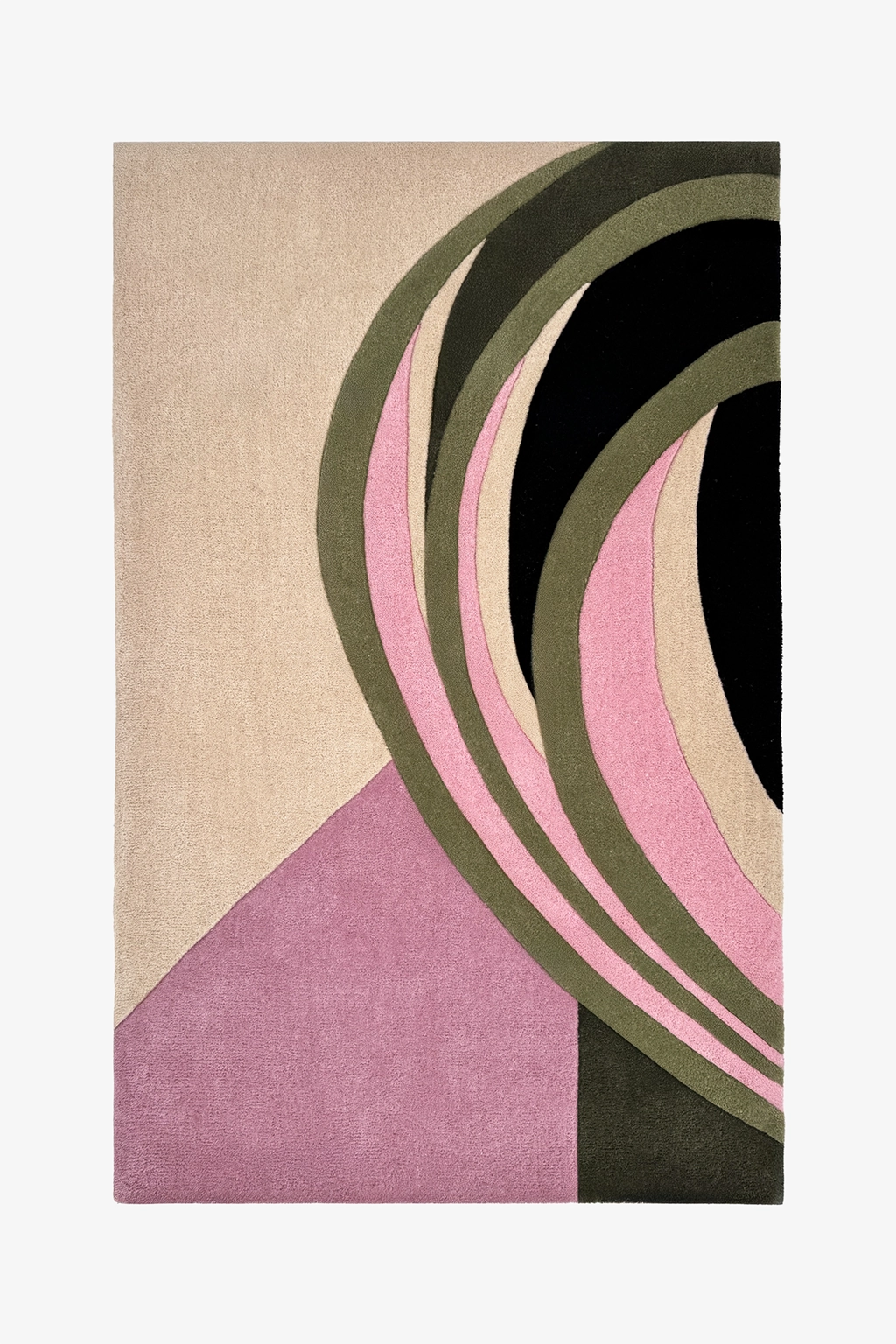 Rug with geometric design featuring concentric circles and a pink triangle on a beige background
