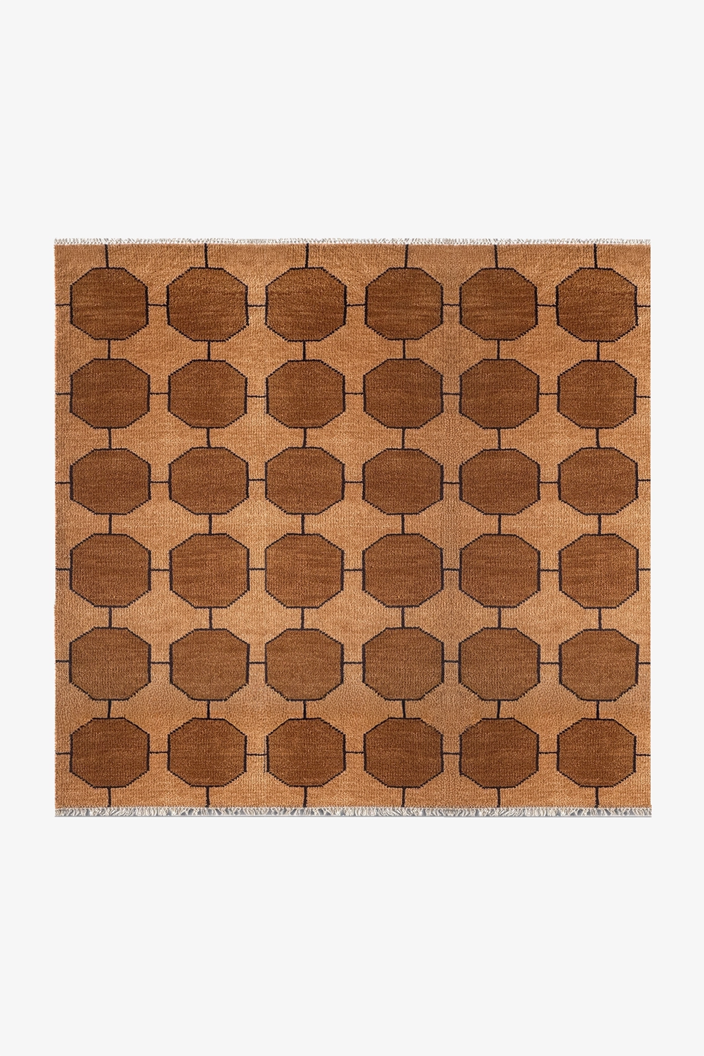 honey gold square geometric patterned rug on a white background | 6x6