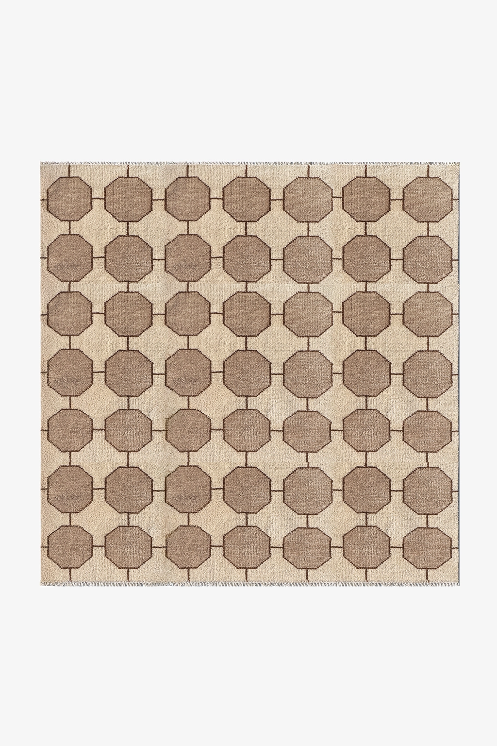 ivory white square patterned rug with geometric design on a plain background | 7x7