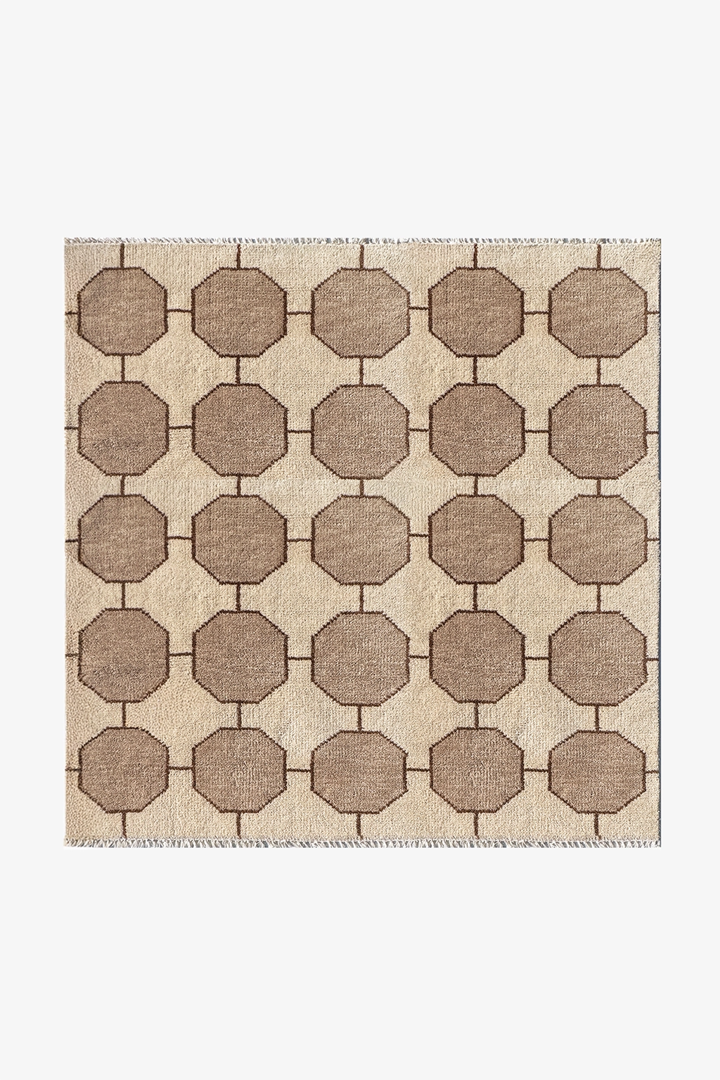 ivory and beige geometric patterned rug in a square format on a white background | 5x5
