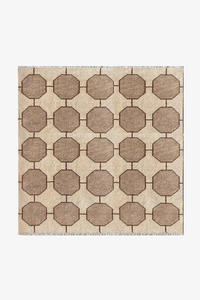 ivory and beige geometric patterned rug in a square format on a white background | 5x5