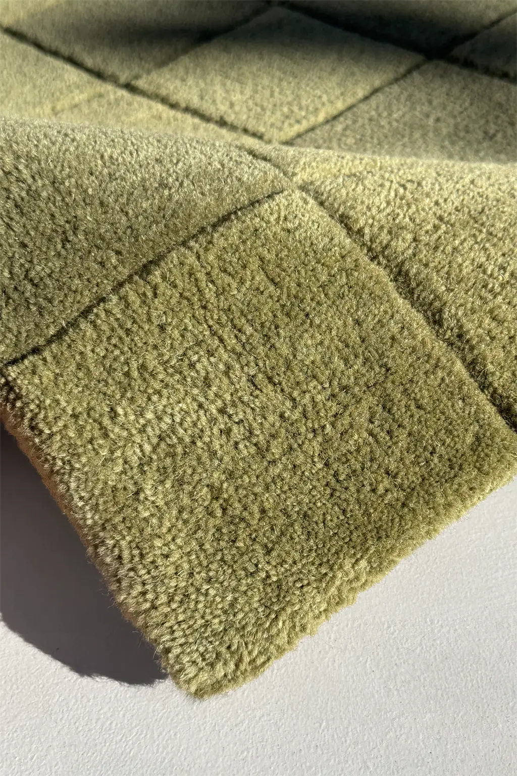 Close-up of a green textured rug with a checkered pattern on a white background