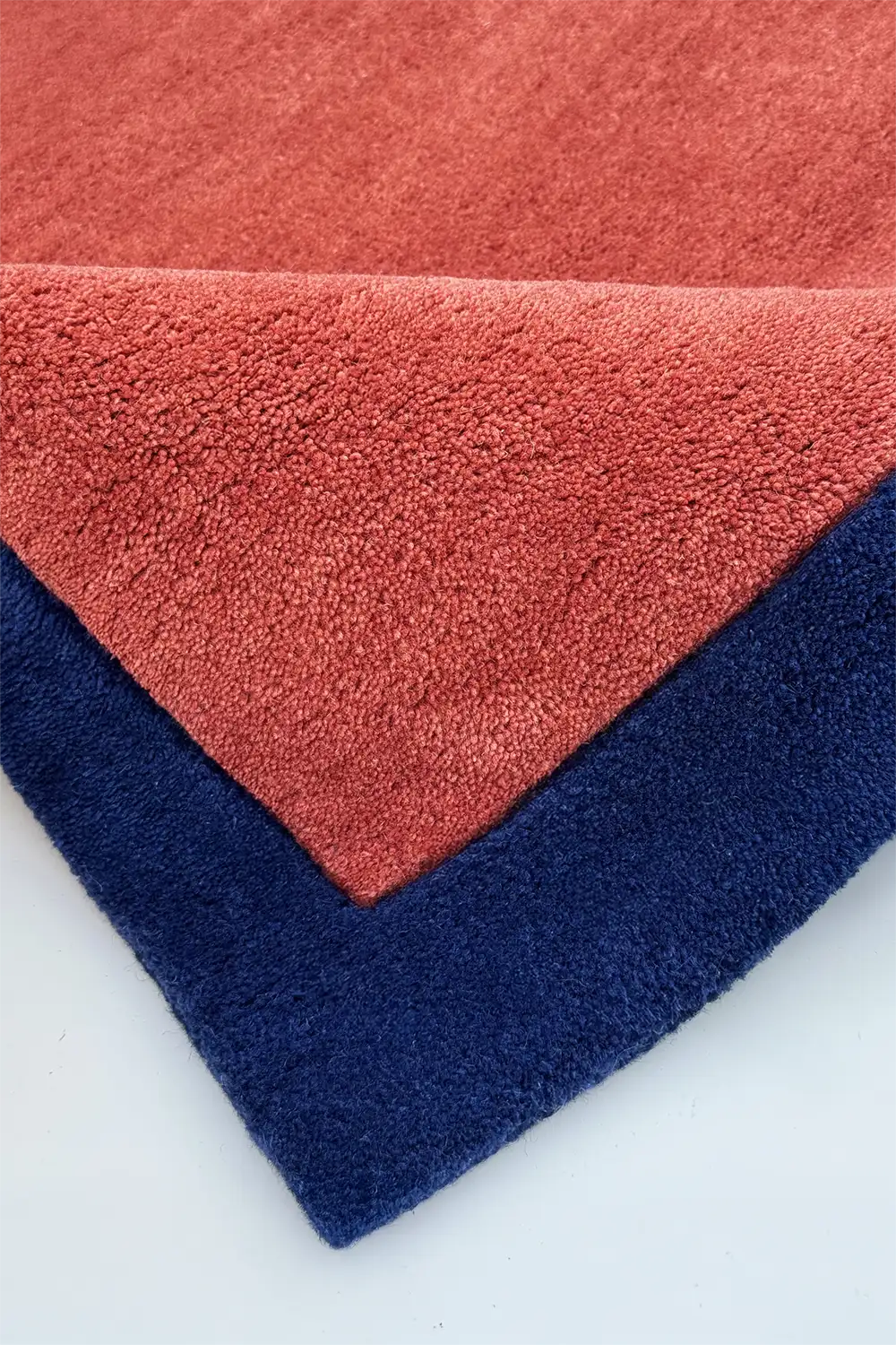 burnt orange square rug hand tufted in wool with deep navy border