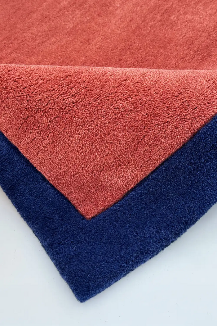 burnt orange square rug hand tufted in wool with deep navy border