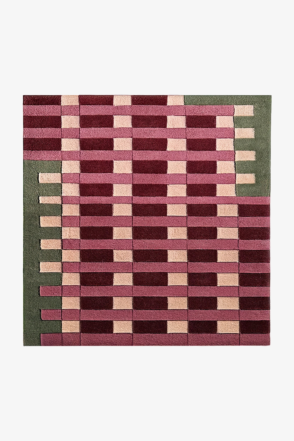square geometric rug with green burgundy and tan stripes