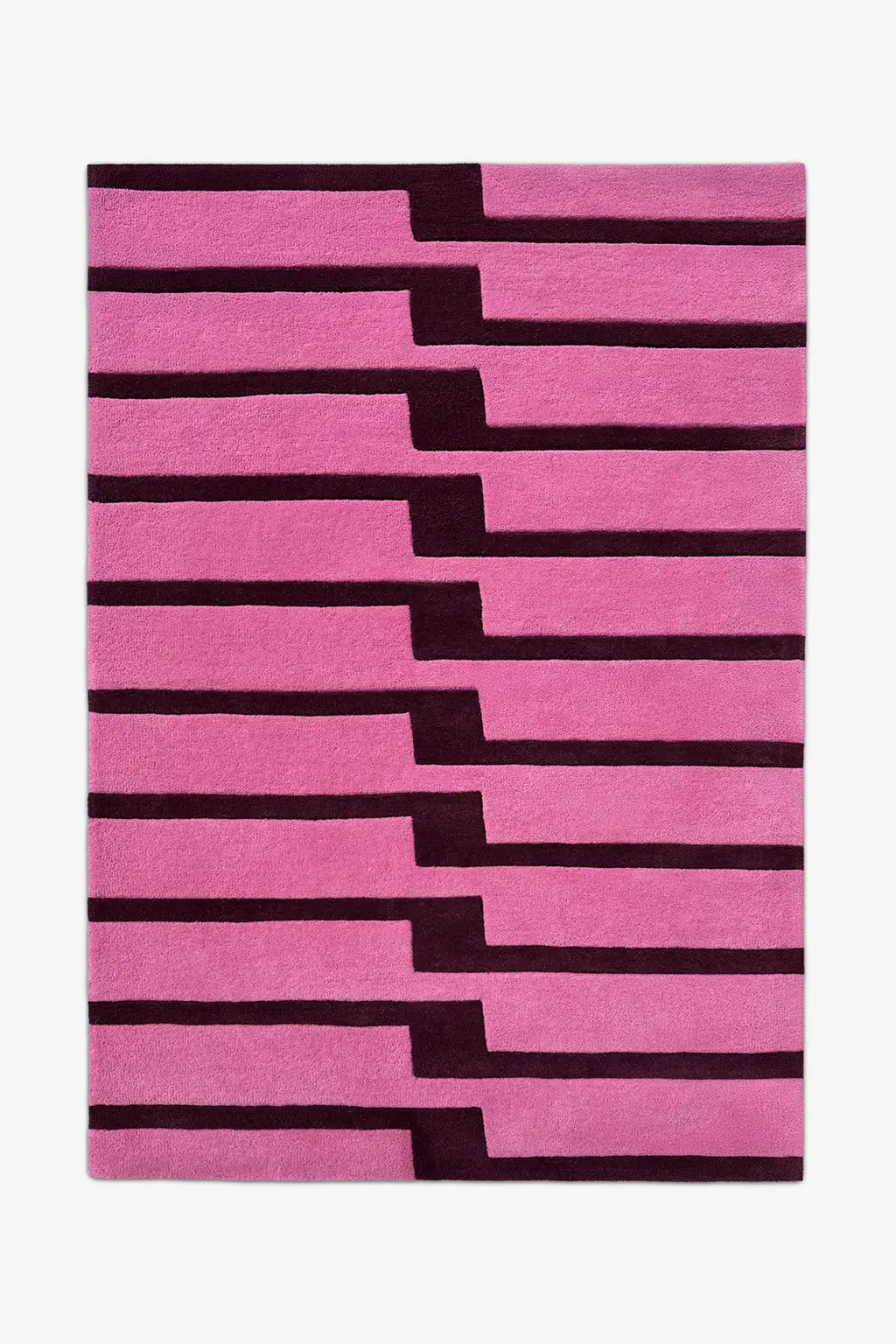 Pink and purple striped rug tufted wool rug on a white background