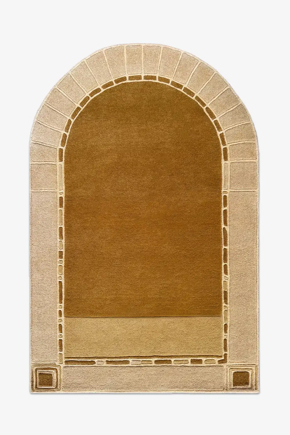 Arched gold and taupe area rug with architectural Greek-inspired border, perfect as a neutral 5x8 or 8x10 rug for living rooms or bedrooms
