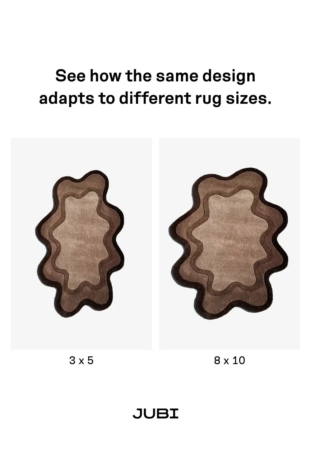 Four different sizes of brown and beige irregular shaped area rugs shown to scale on a white background.