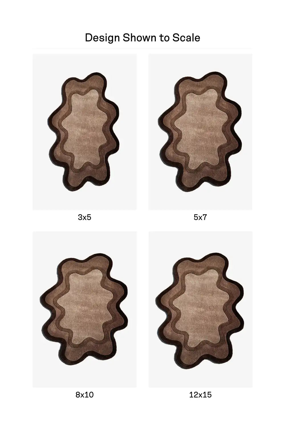 Four different sizes of brown and beige irregular shaped area rugs shown to scale on a white background.