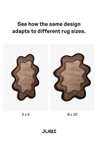 Four different sizes of brown and beige irregular shaped area rugs shown to scale on a white background.