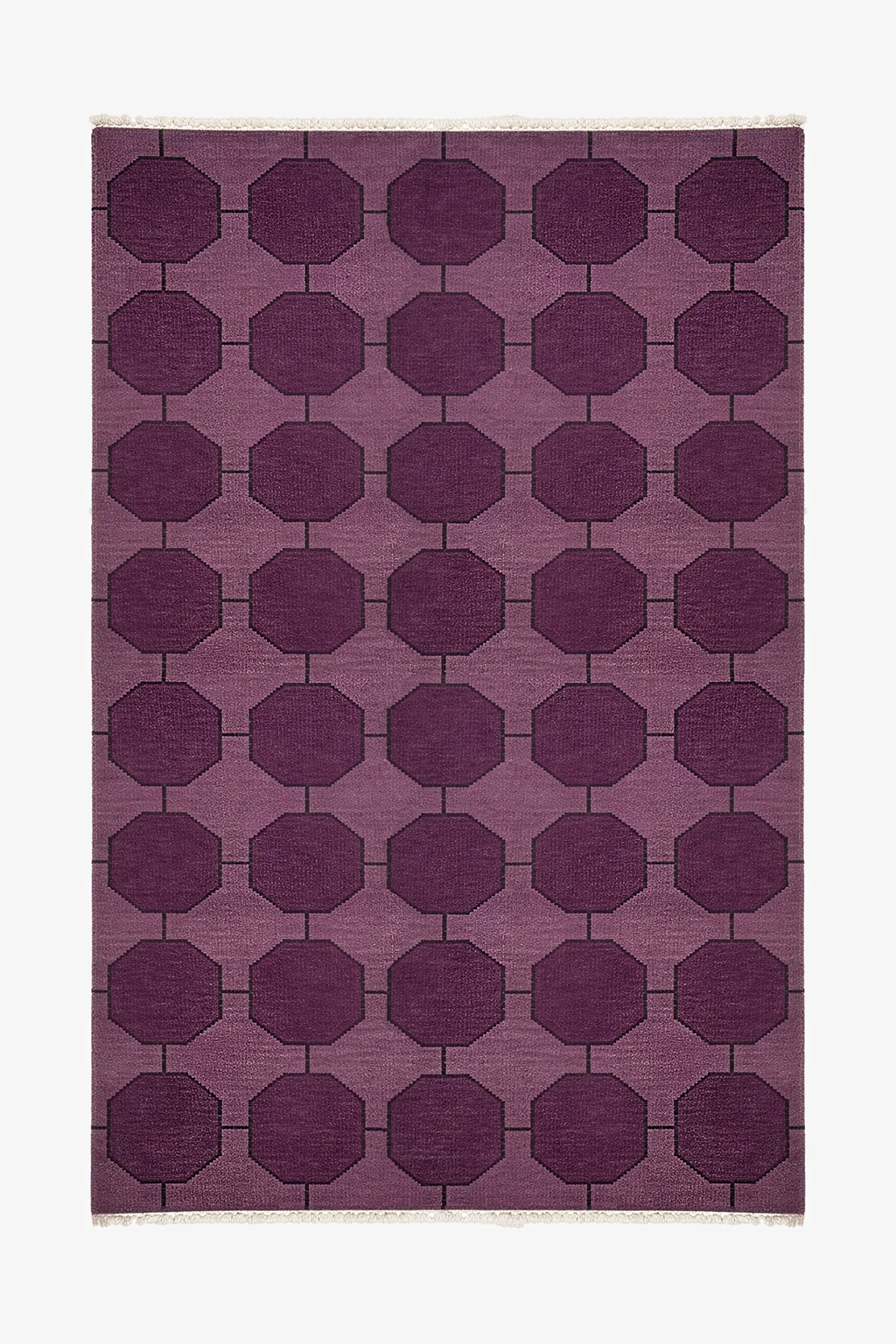 Purple geometric patterned rug made from hand-knotted wool on a white background | 5x8
