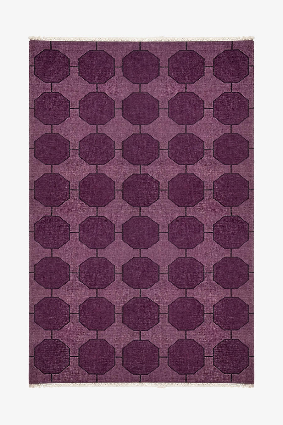 Purple geometric patterned rug made from hand-knotted wool on a white background | 5x8