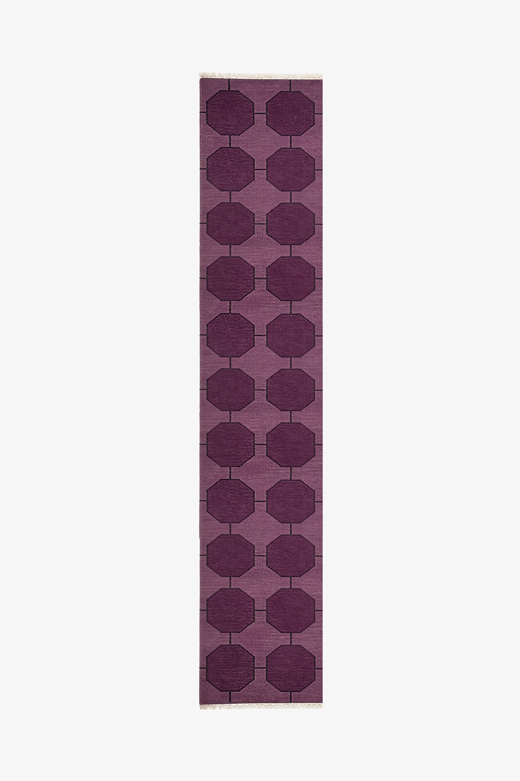 narrow runner rug in purple geometric pattern on a white background | 2x11