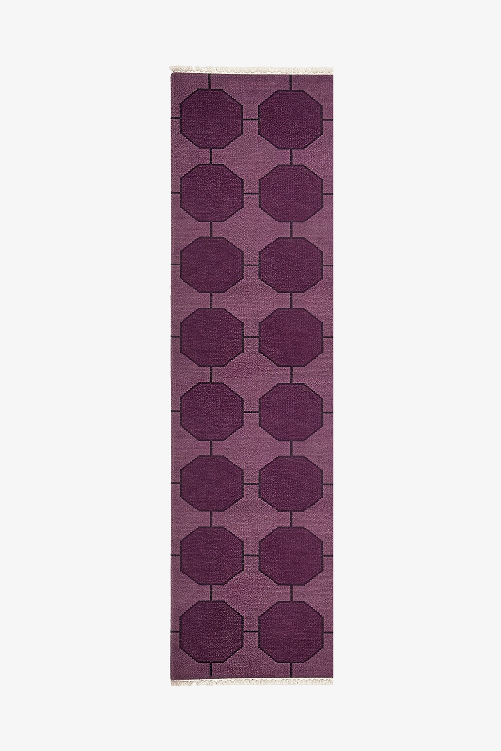 dark purple patterned runner rug in hand-knotted wool on a white background | 2x8