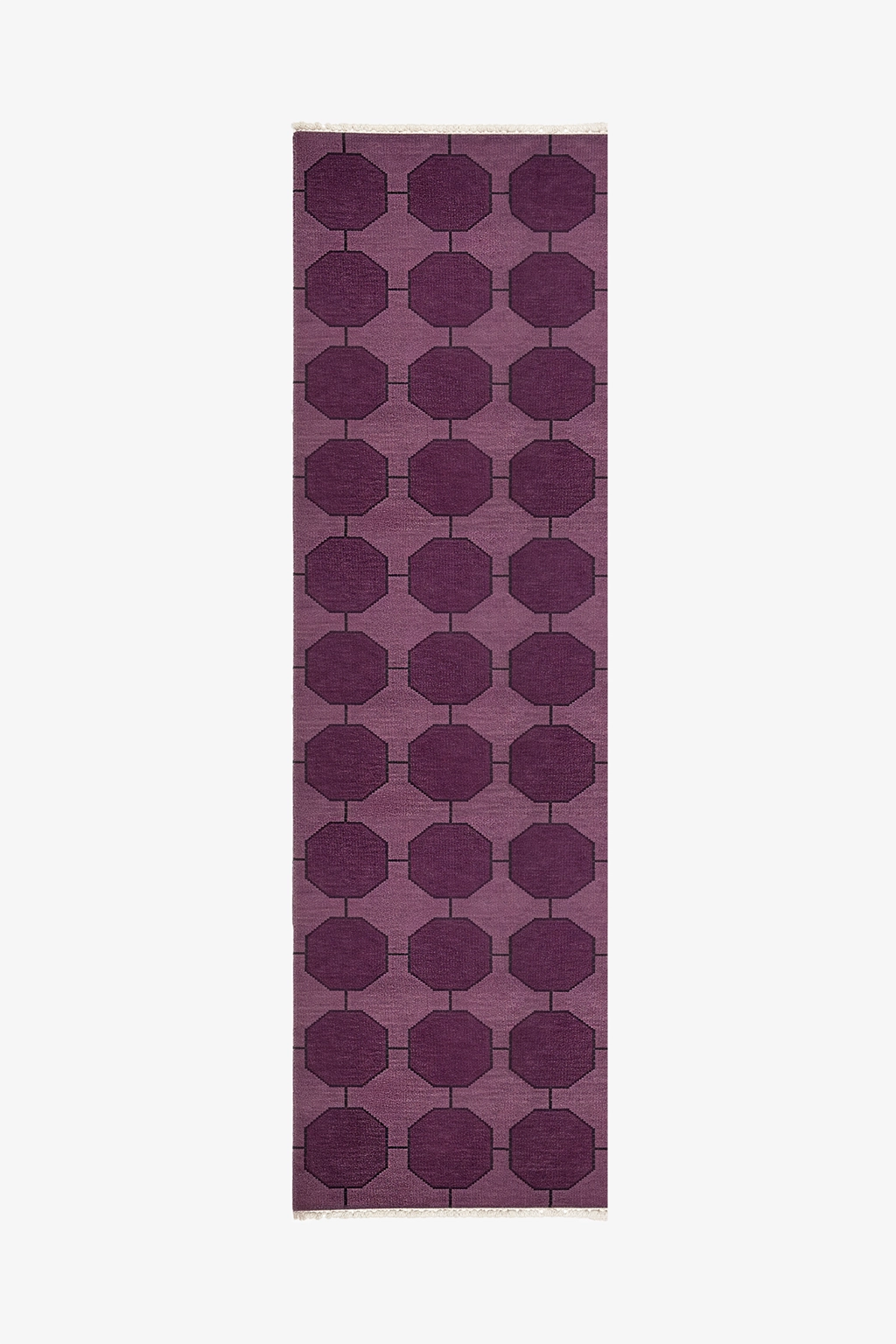 Purple runner rug with a modern geometric pattern on a white background | 3x11